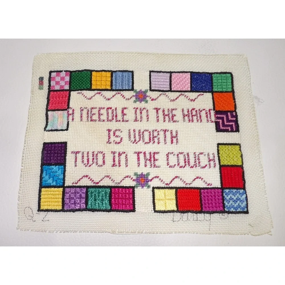 Vintage Needlepoint Sampler A Needle In The Hand Is Worth Two In The Couch Art